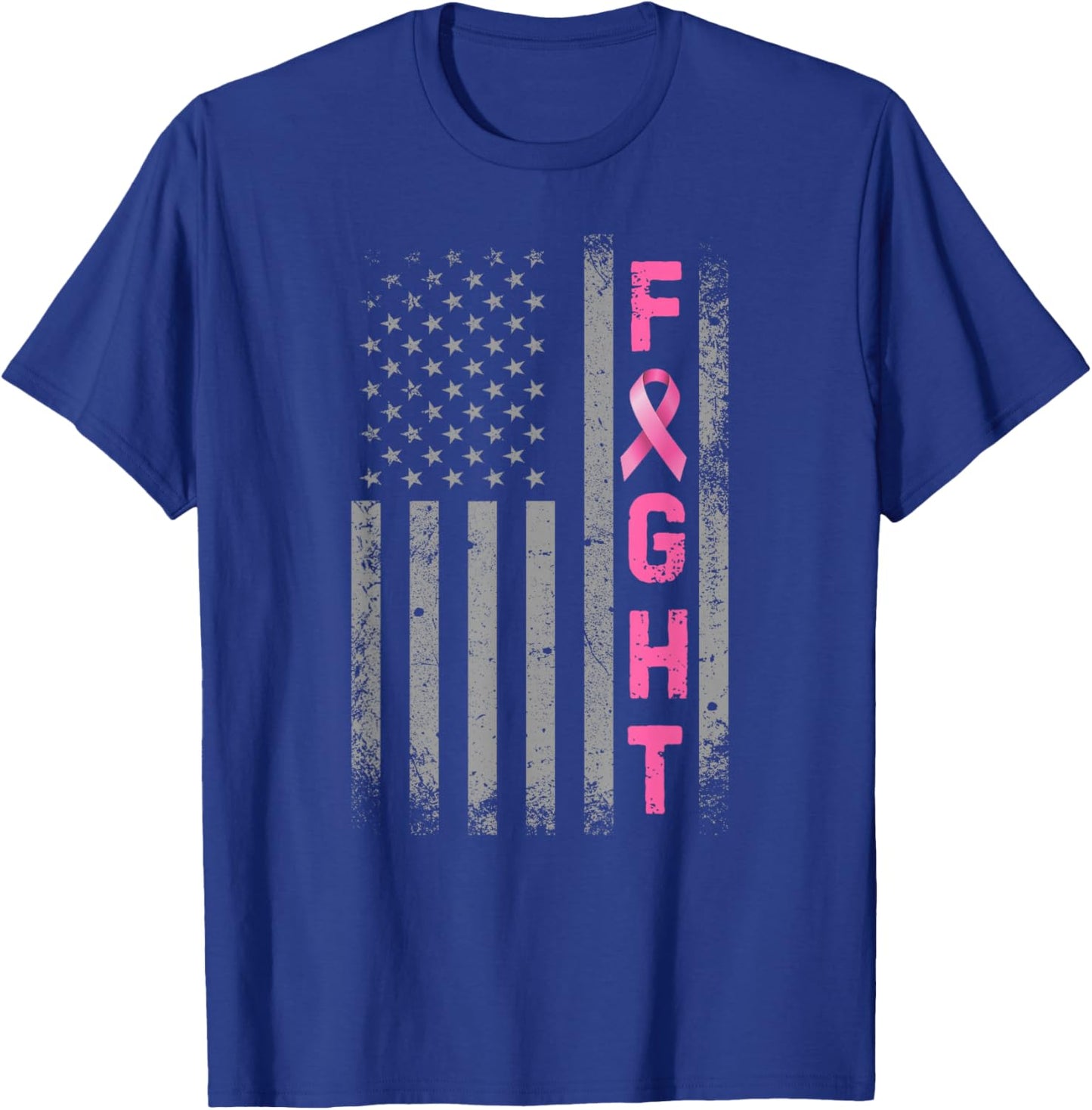 Fight Breast Cancer Awareness Pink Ribbon USA American Flag T-Shirt - T-Shirt | Royal