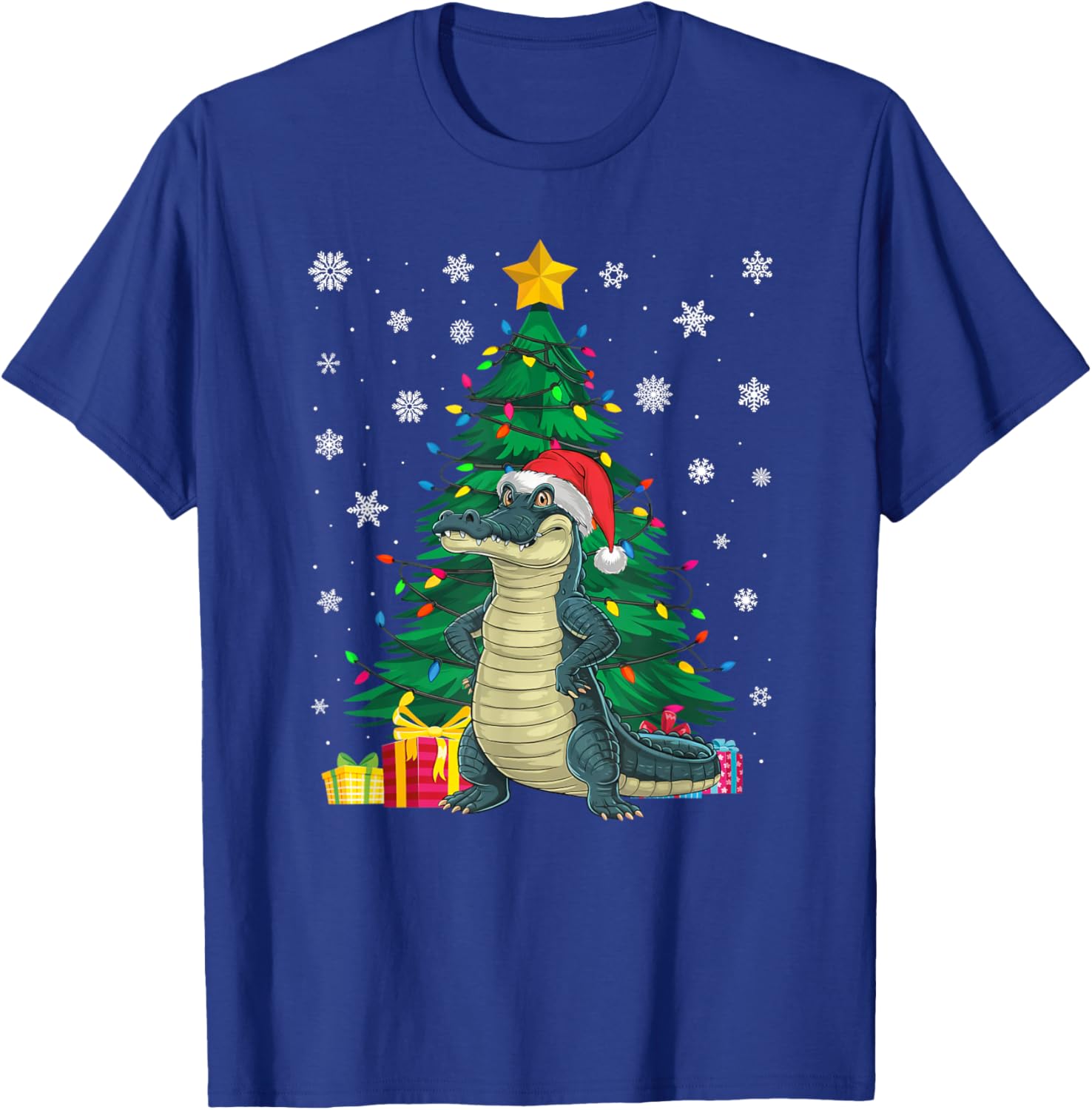 Ugly Sweater Christmas Tree Lights Alligator Santa Hat Xmas T-Shirt - T-Shirt | Royal