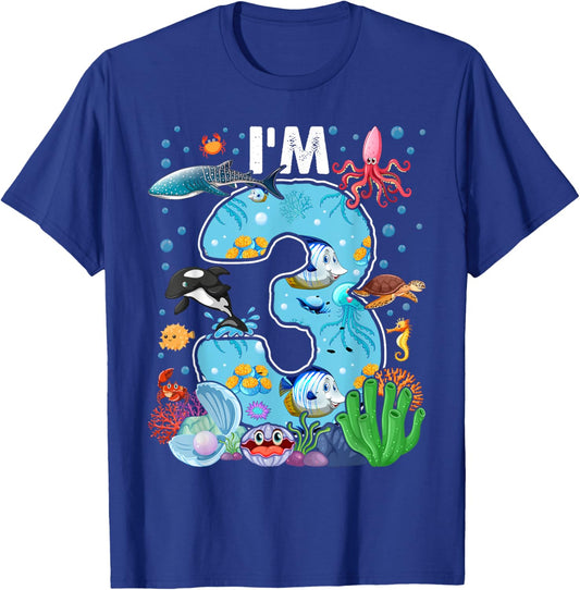 Kids 3 Year Old Birthday Whale Fish Sea Bday Boys and Girls T-Shirt - T-Shirt | Royal