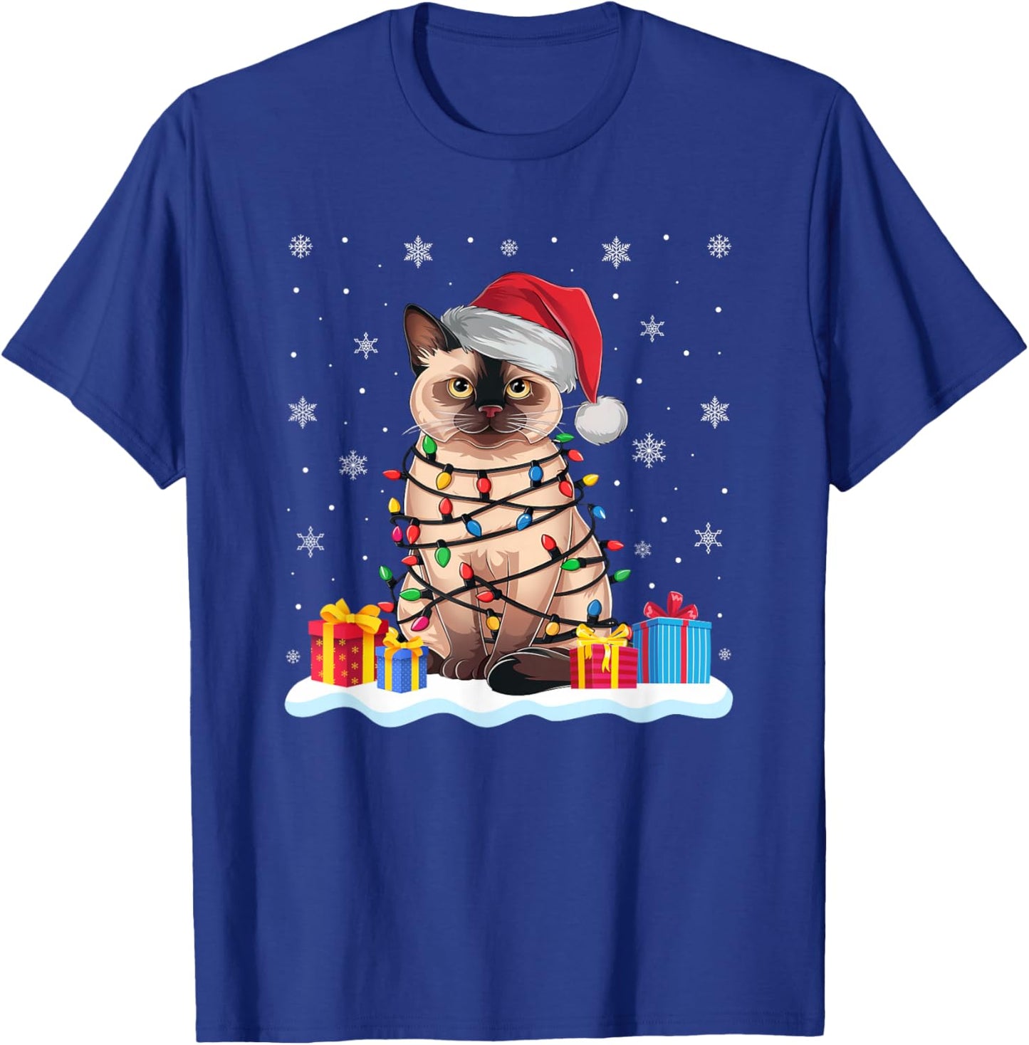 Siamese Cat Santa Hat Christmas Tree Light Xmas Pajama T-Shirt - T-Shirt | Royal