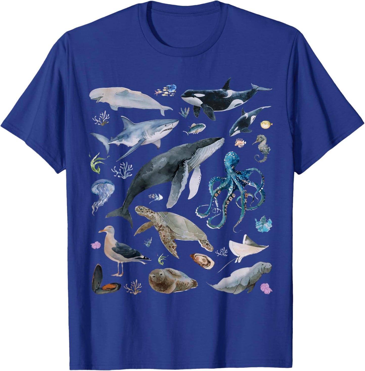Vintage Ocean Animal Wildlife Shark Turtle Octopus Fish T-Shirt - T-Shirt | Royal