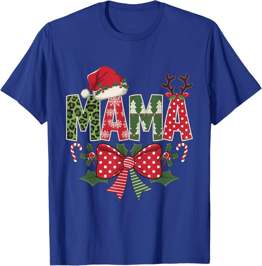 Mama Claus Santa Hat Coquette Bow Christmas Pajama Matching T-Shirt - T-Shirt | Royal