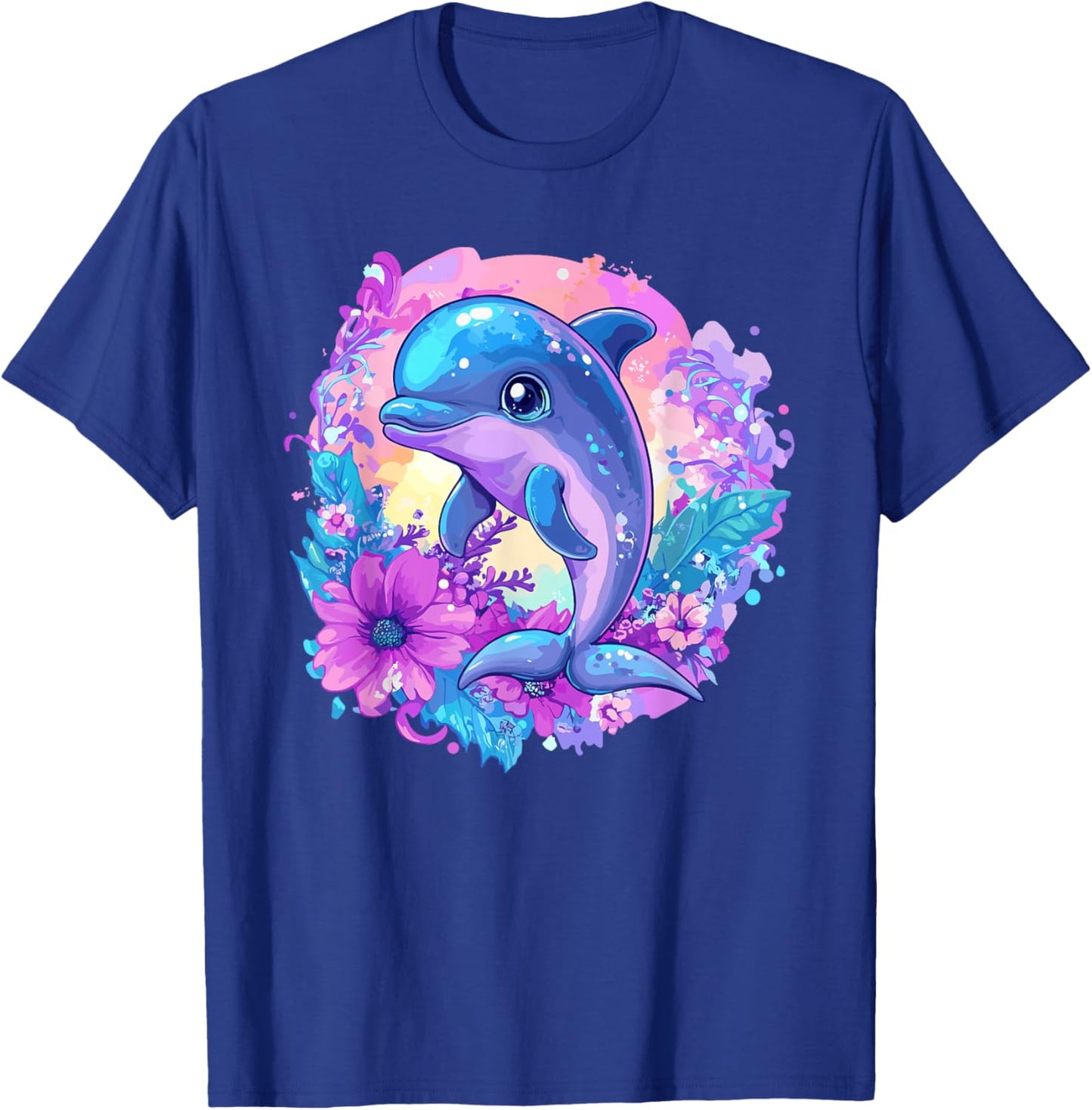 Playful Dolphin Surrounded By Flowers T-Shirt - T-Shirt | Royal