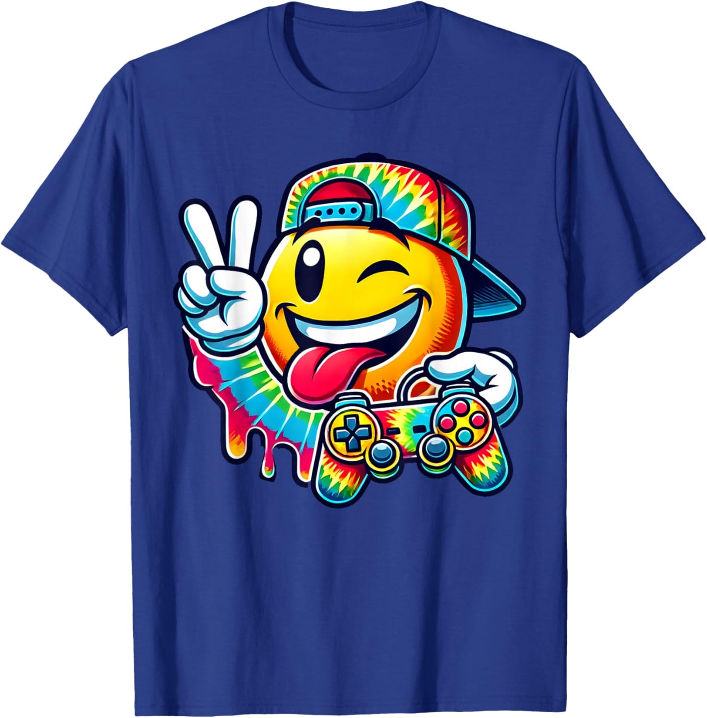 Groovy Tie Dye Gaming Boys 70s Retro Smile Peace Sign Gamer T-Shirt - T-Shirt | Royal