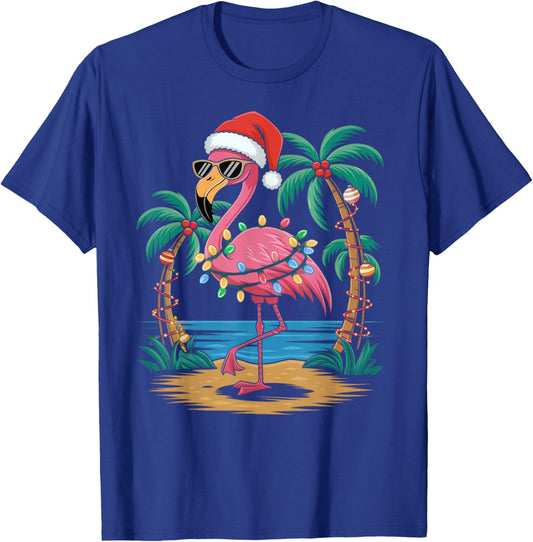 Santa Flamingo Christmas Lights Tropical Palms Tree Beach T-Shirt - T-Shirt | Royal
