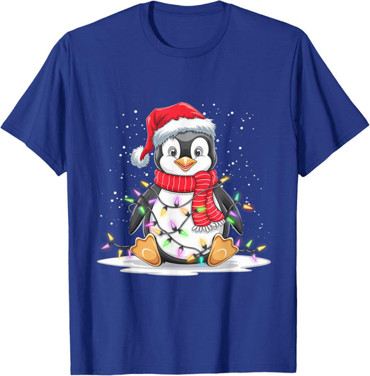 Funny Xmas Matching Santa Hat Penguin Christmas Tree Lights T-Shirt - T-Shirt | Royal