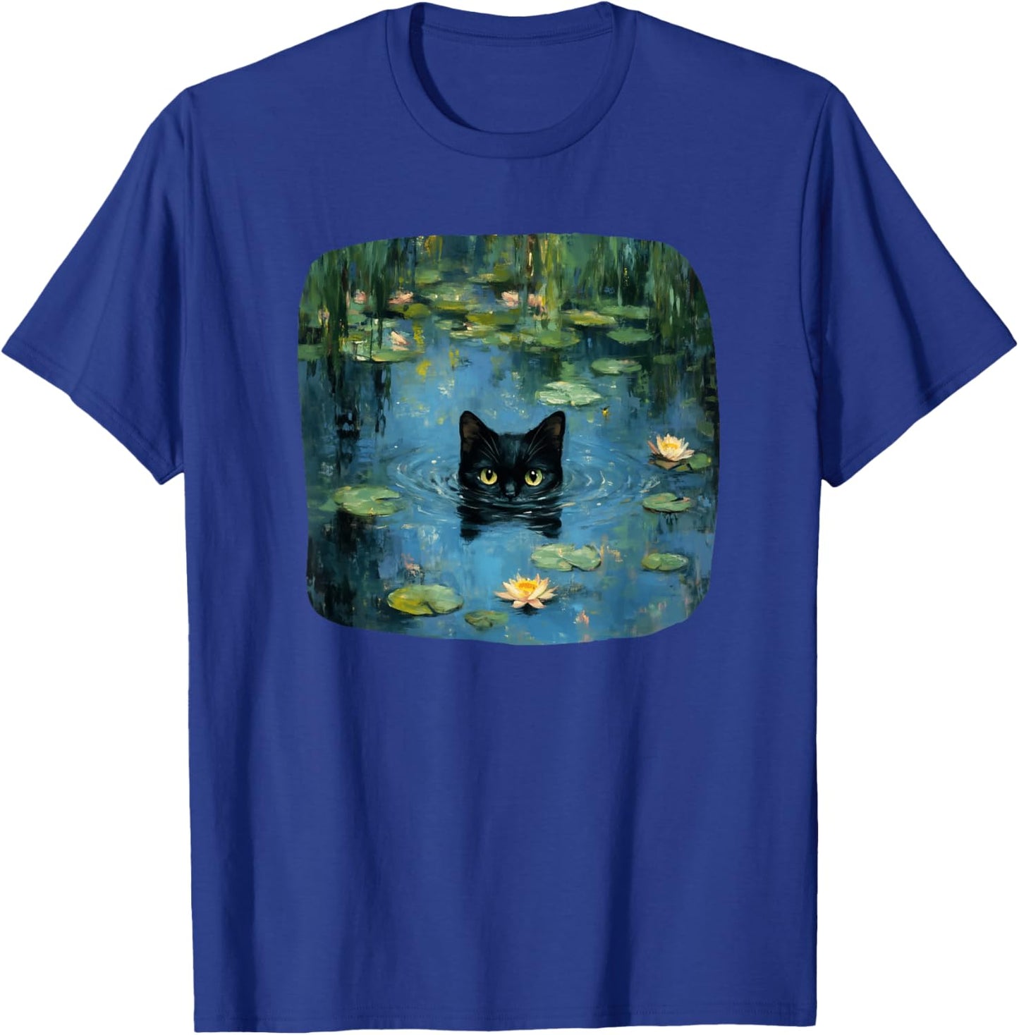 Mystical Black Cat Swimming in Waterlily Pond Art Lover Men Women Kids T-Shirt - T-Shirt | Royal
