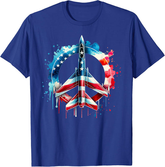 Flying Jet American Flag Peace Sig USA Patriotic July 4th T-Shirt - T-Shirt | Royal