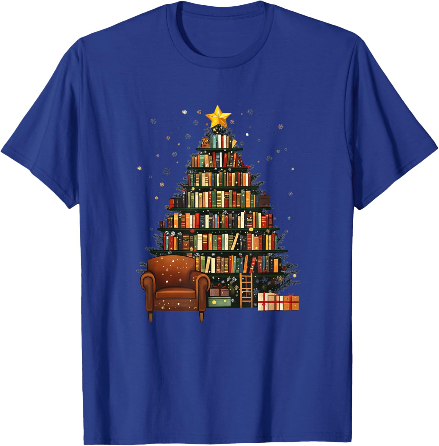 Christmas Tree Bookshelf - Book Lover Library T-Shirt - T-Shirt | Royal