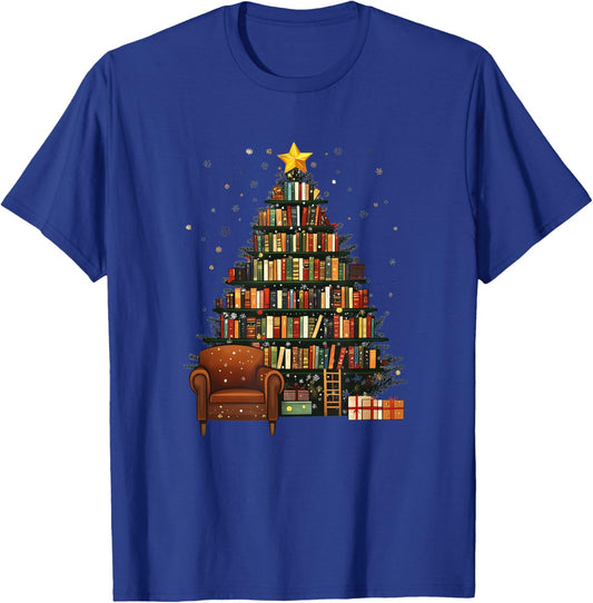 Christmas Tree Bookshelf - Book Lover Library T-Shirt - T-Shirt | Royal