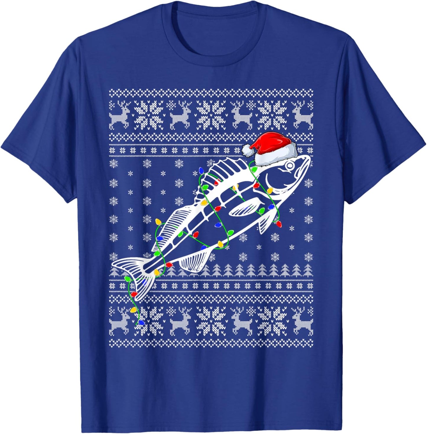 Ugly Sweater Xmas Lights Santa Hat Walleye Fish Christmas T-Shirt - T-Shirt | Royal