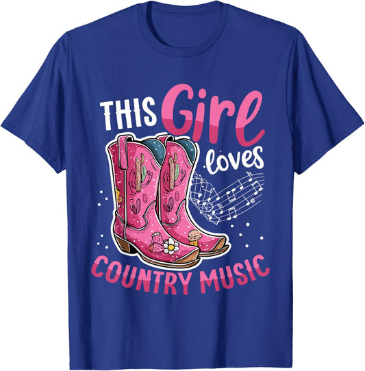 This girl Loves Country Music Pink Cowboy Boots T-Shirt - T-Shirt | Royal