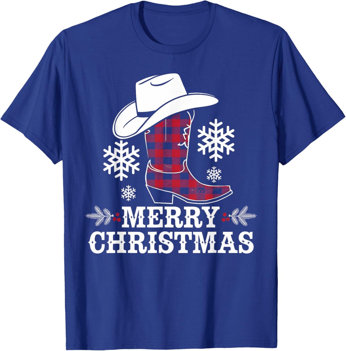 Christmas Cowboy Boot Plaid Xmas Western Country Cowgirl T-Shirt - T-Shirt | Royal