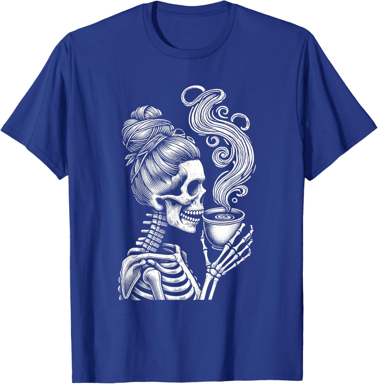 Messy Bun Skeleton Drinking Coffee Funny Halloween Costume T-Shirt - T-Shirt | Royal