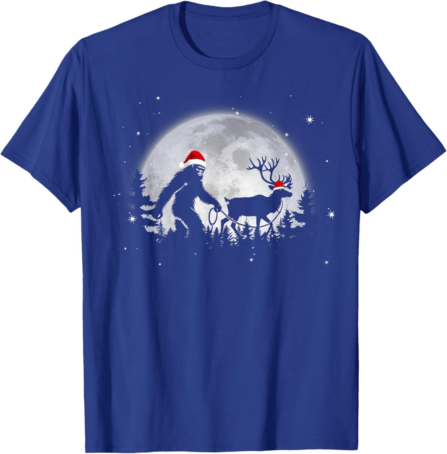 Funny Bigfoot Walking Reindeer Full Moon Christmas Sasquatch T-Shirt - T-Shirt | Royal
