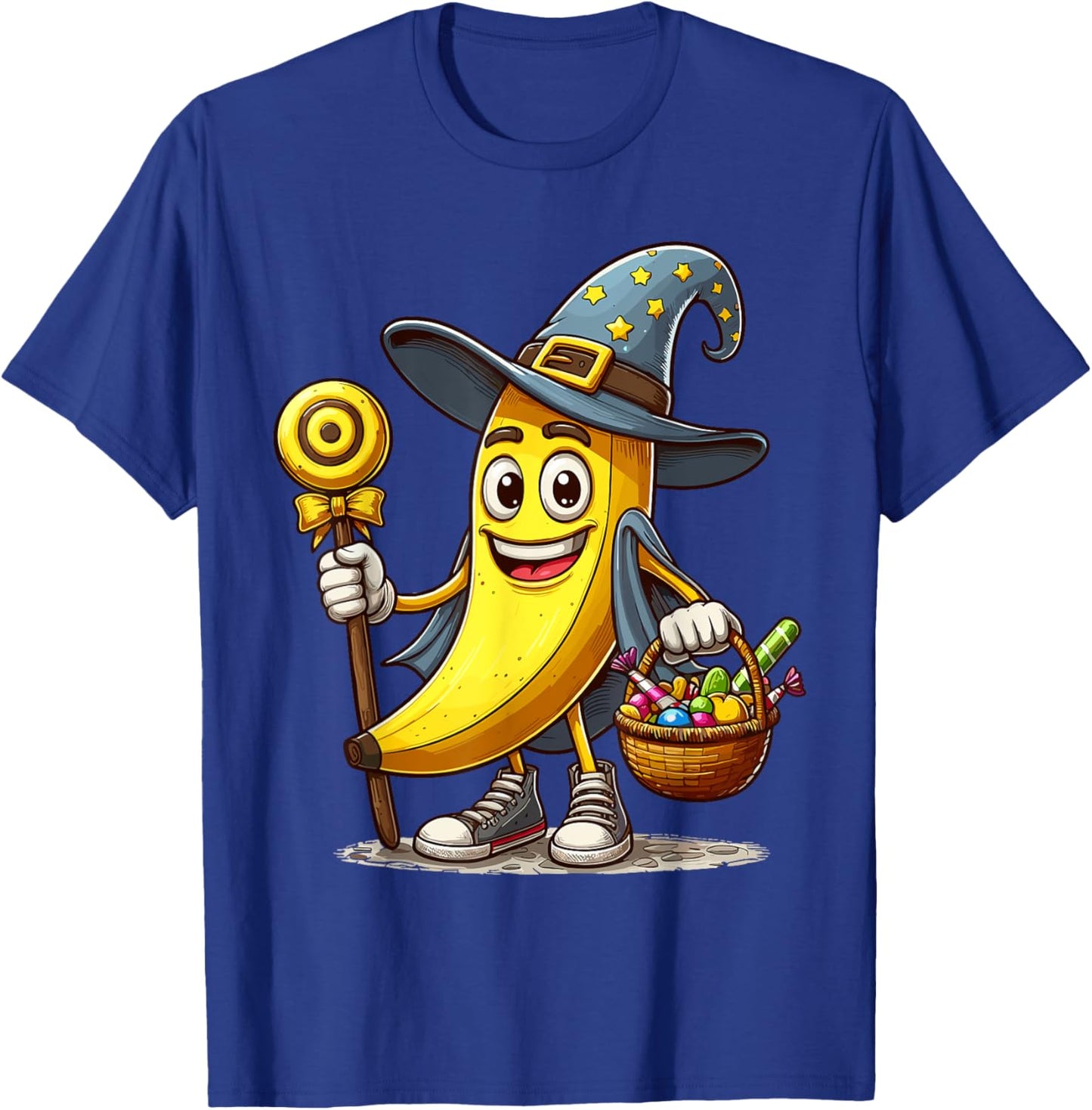 Funny Banana Witch Halloween Hat Holding Candy Halloween T-Shirt - T-Shirt | Royal