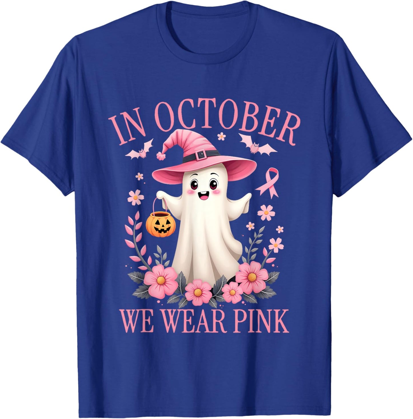 In October We Wear Pink Breast Cancer Awareness Halloween T-Shirt - T-Shirt | Royal