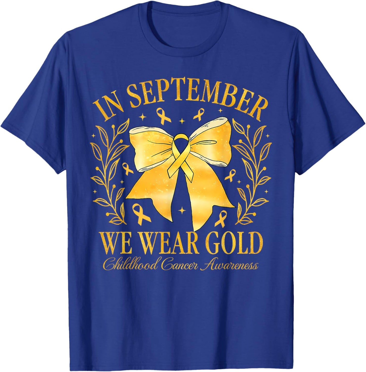 Childhood Cancer Awareness Month Gold Ribbon Coquette Bow T-Shirt - T-Shirt | Royal