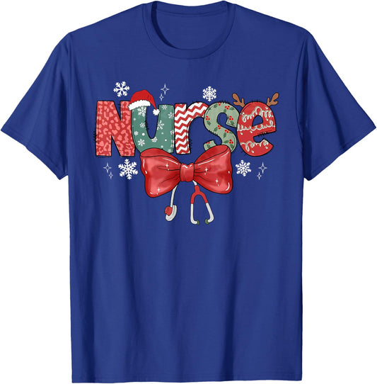Nurse Christmas Stethoscope Coquette Bow Pajamas Holiday T-Shirt - T-Shirt | Royal