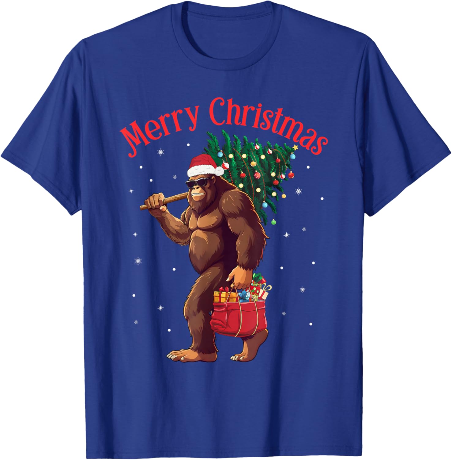 Bigfoot Merry Christmas Tree Lights Sasquatch Xmas Santa T-Shirt - T-Shirt | Royal