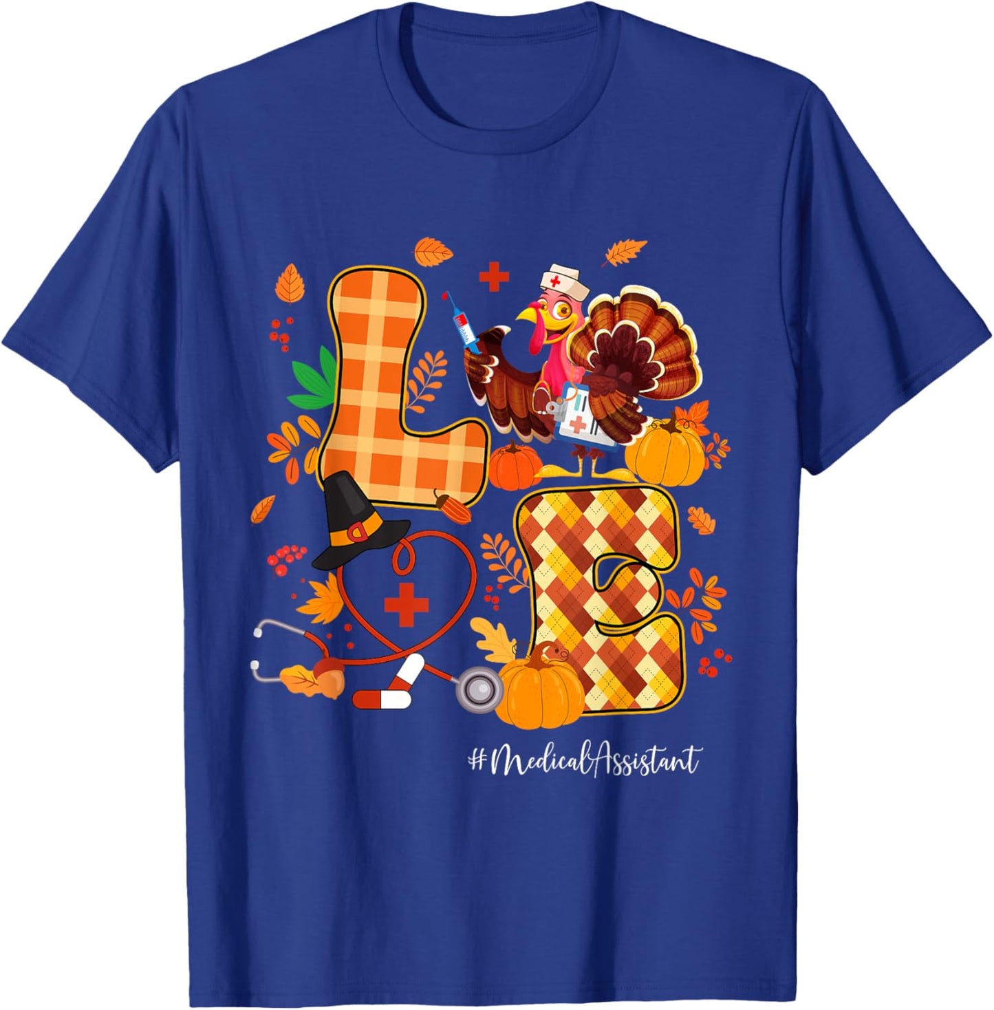 Medical Assistant Love Thanksgiving Fall Turkey Stethoscope T-Shirt - T-Shirt | Royal
