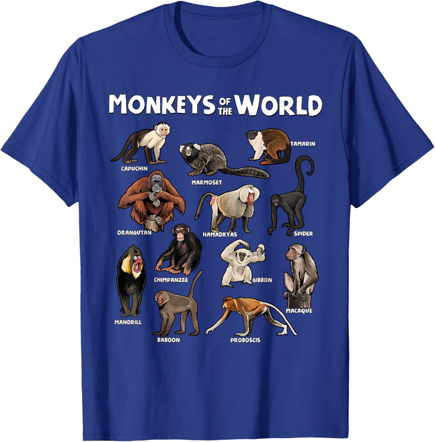 Monkeys of the World Realistic Animal Species Design T-Shirt - T-Shirt | Royal