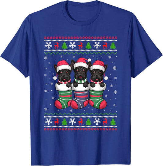 Ugly Xmas Sweater Scottie Dog In Christmas Socks Men Women Kids T-Shirt - T-Shirt | Royal