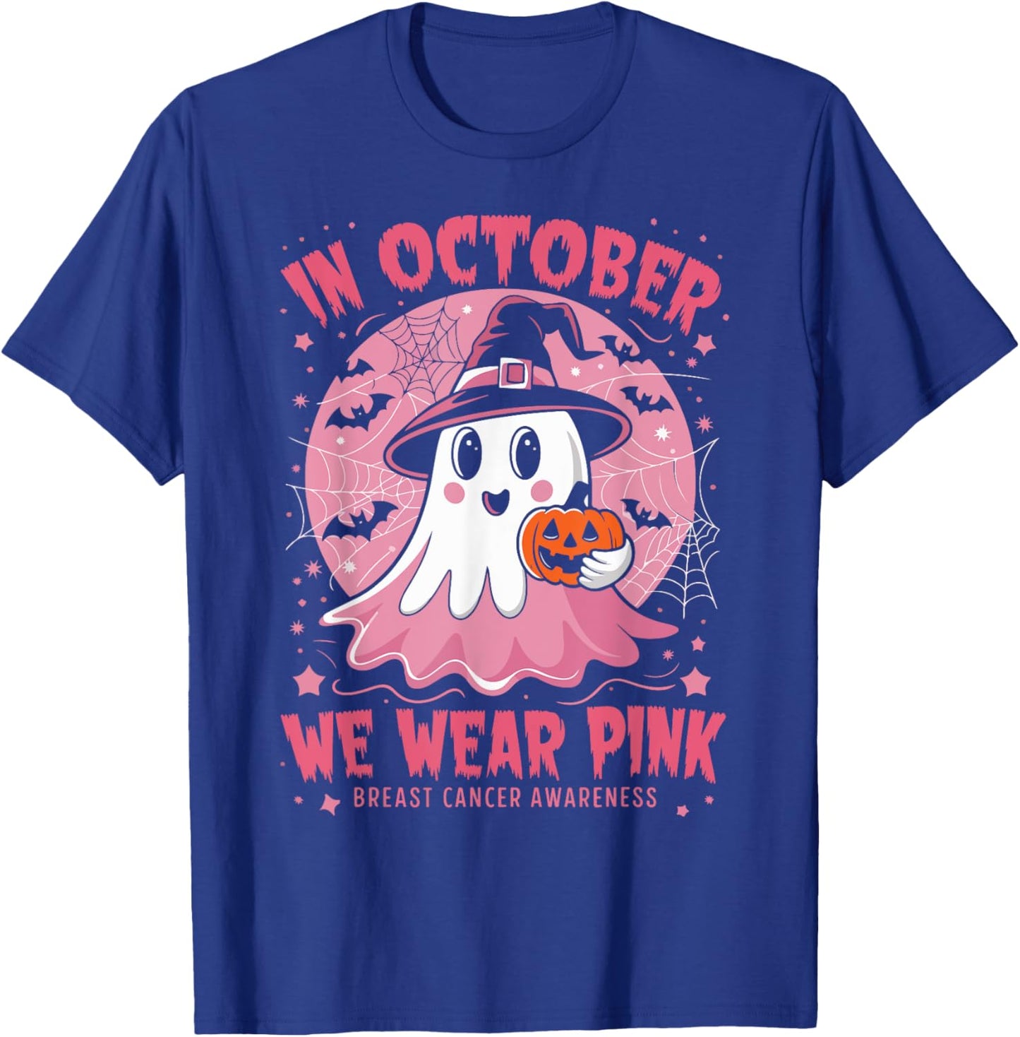 In October We Wear Pink Breast Cancer Awareness Women Ghost T-Shirt - T-Shirt | Royal