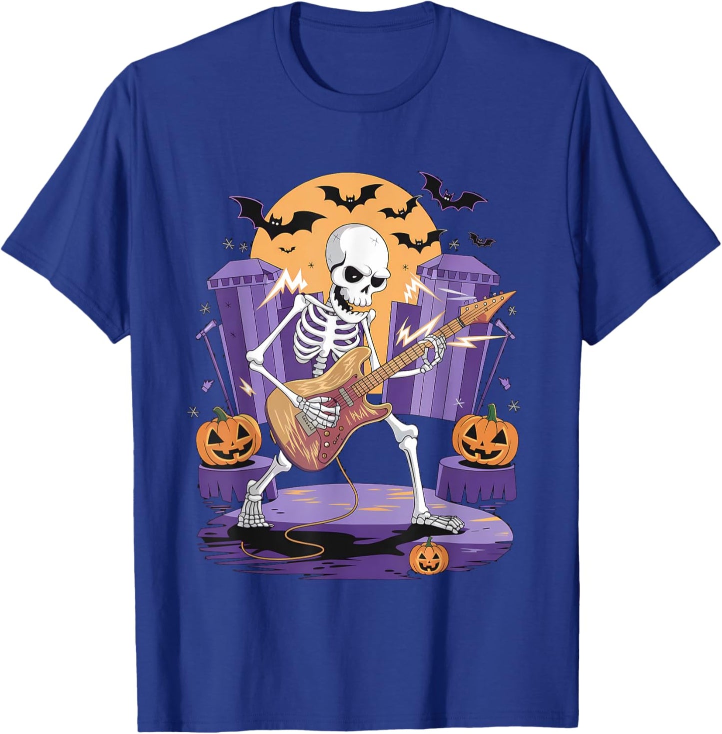 Halloween Rock Roll Rockers Skeleton Playing Electric Guitar T-Shirt - T-Shirt | Royal