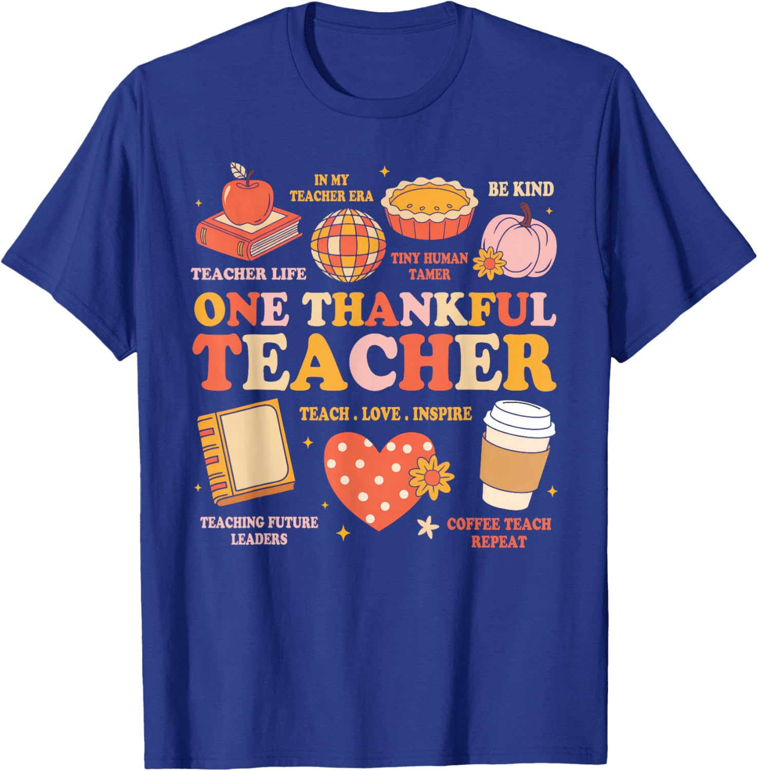 Groovy Teacher Thanksgiving Women One Thankful Teacher Fall T-Shirt - T-Shirt | Royal