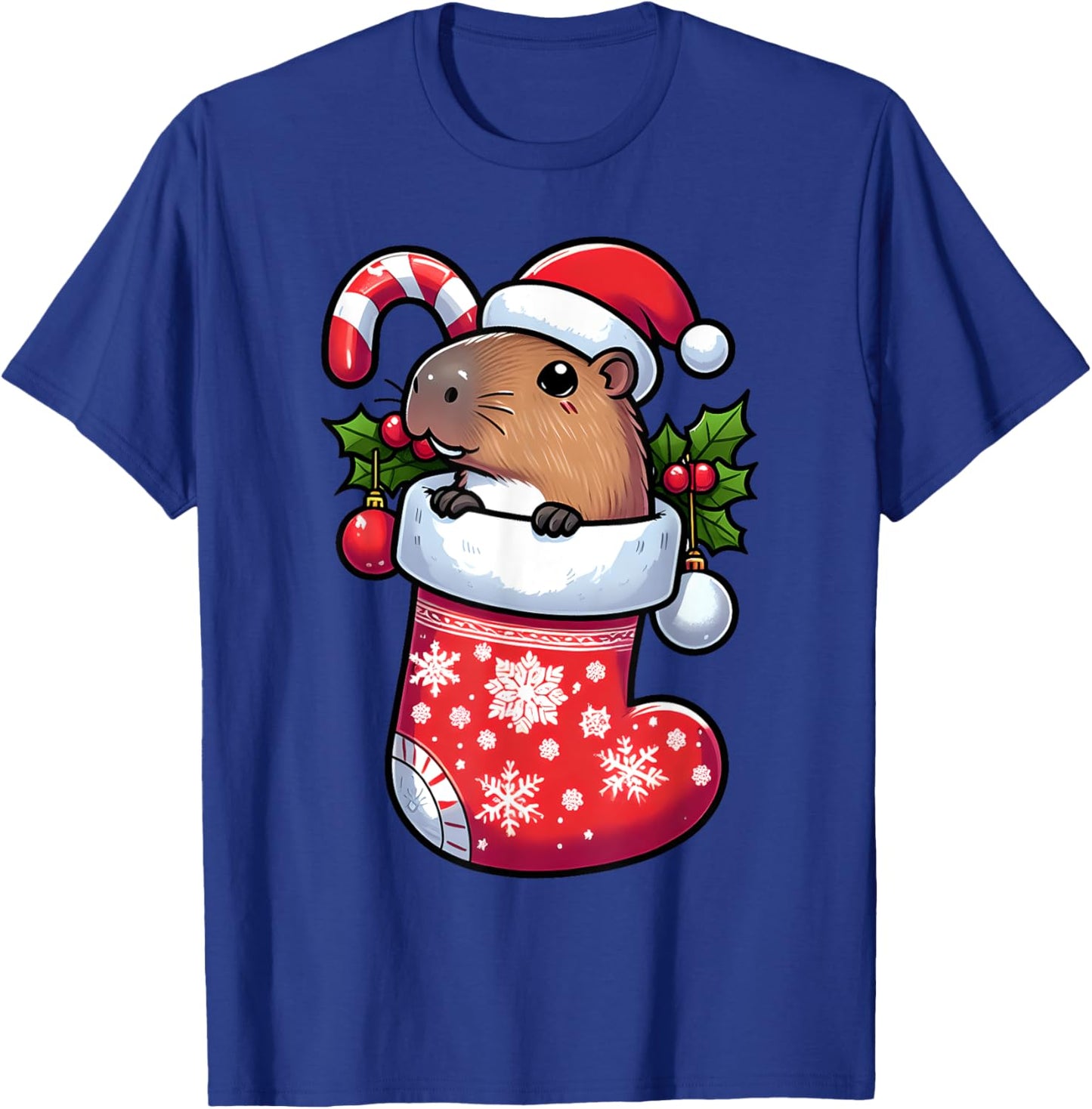 Capybara in Christmas Stocking Candy Cane Santa Hat Pajama T-Shirt - T-Shirt | Royal