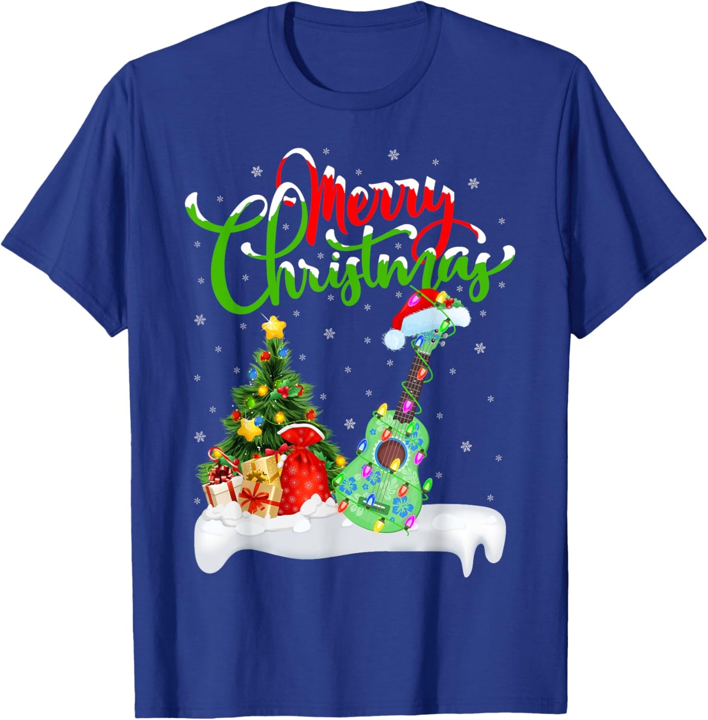 Xmas Tree Lights Santa Hat Musical Ukulele Guitar Christmas T-Shirt - T-Shirt | Royal