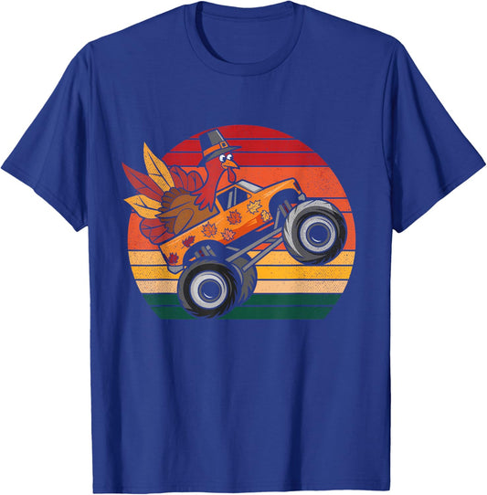 Kids Monster Truck Turkey Sunset Retro Thanksgiving Boy Kid T-Shirt - T-Shirt | Royal