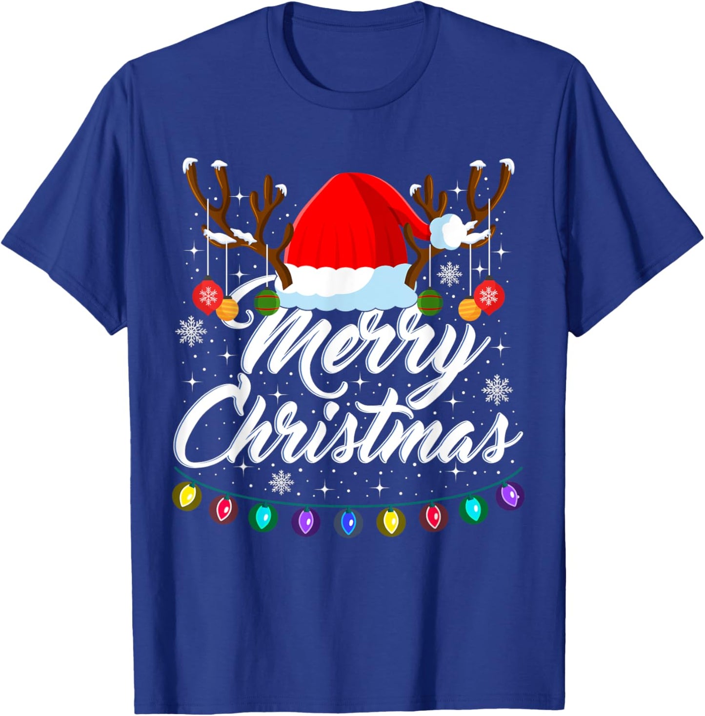 Merry Christmas Red Santa Hat Reindeer Xmas Matching Family T-Shirt - T-Shirt | Royal