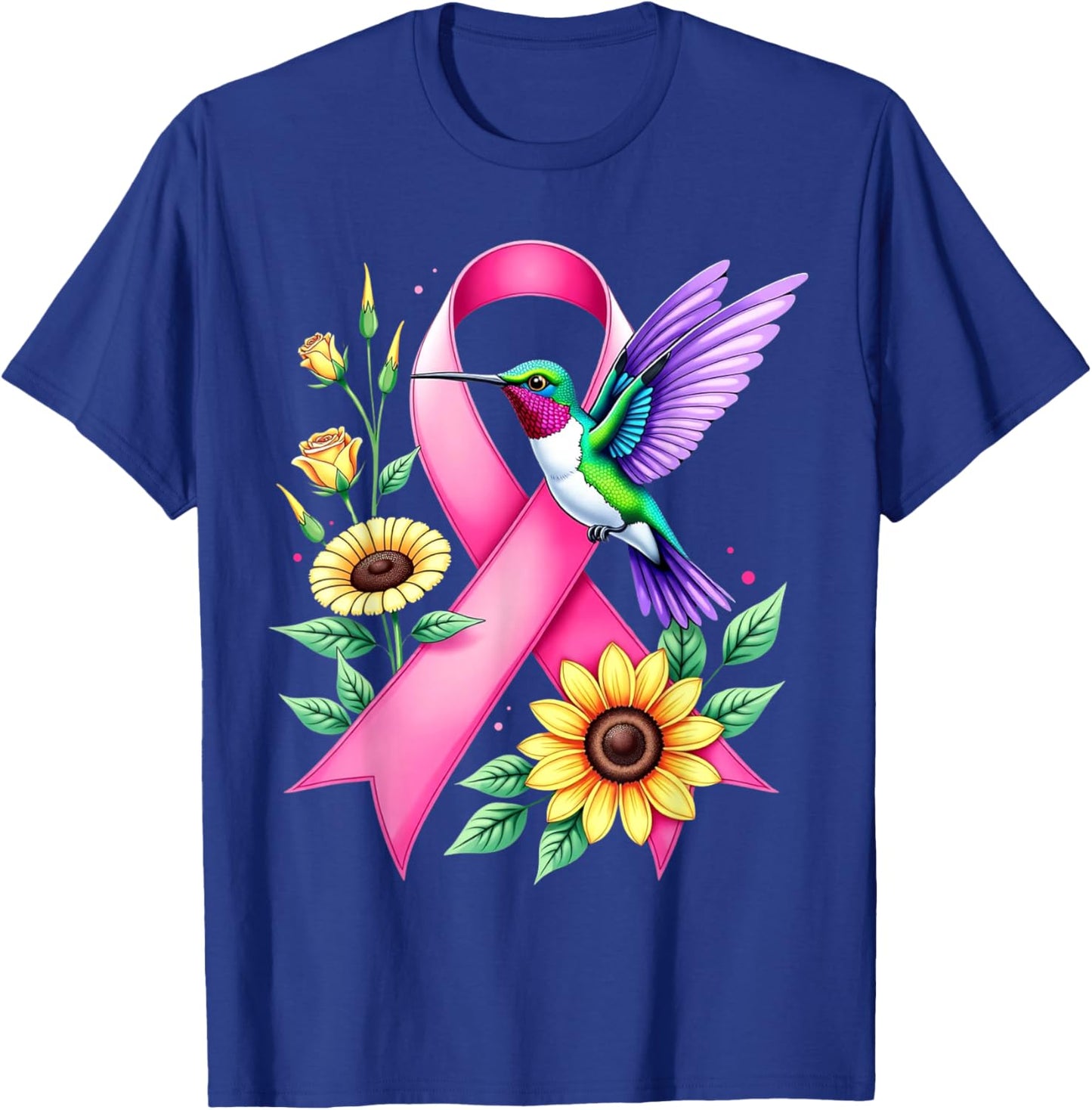 Hummingbird Sunflower Pink Ribbon Breast Cancer Awareness T-Shirt - T-Shirt | Royal