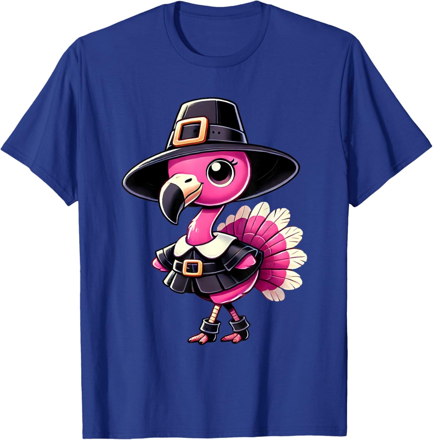 Cute Flamingo Pilgrim Hat Thanksgiving Fall Men Women Kids T-Shirt - T-Shirt | Royal