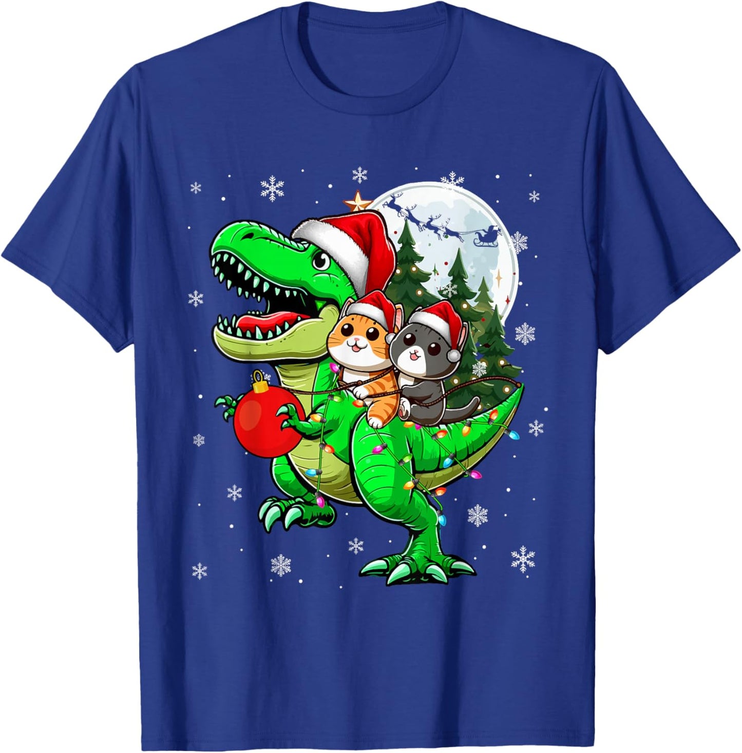 Two Xmas Cats Riding T-Rex Reindeer Lover Kids T-Shirt - T-Shirt | Royal