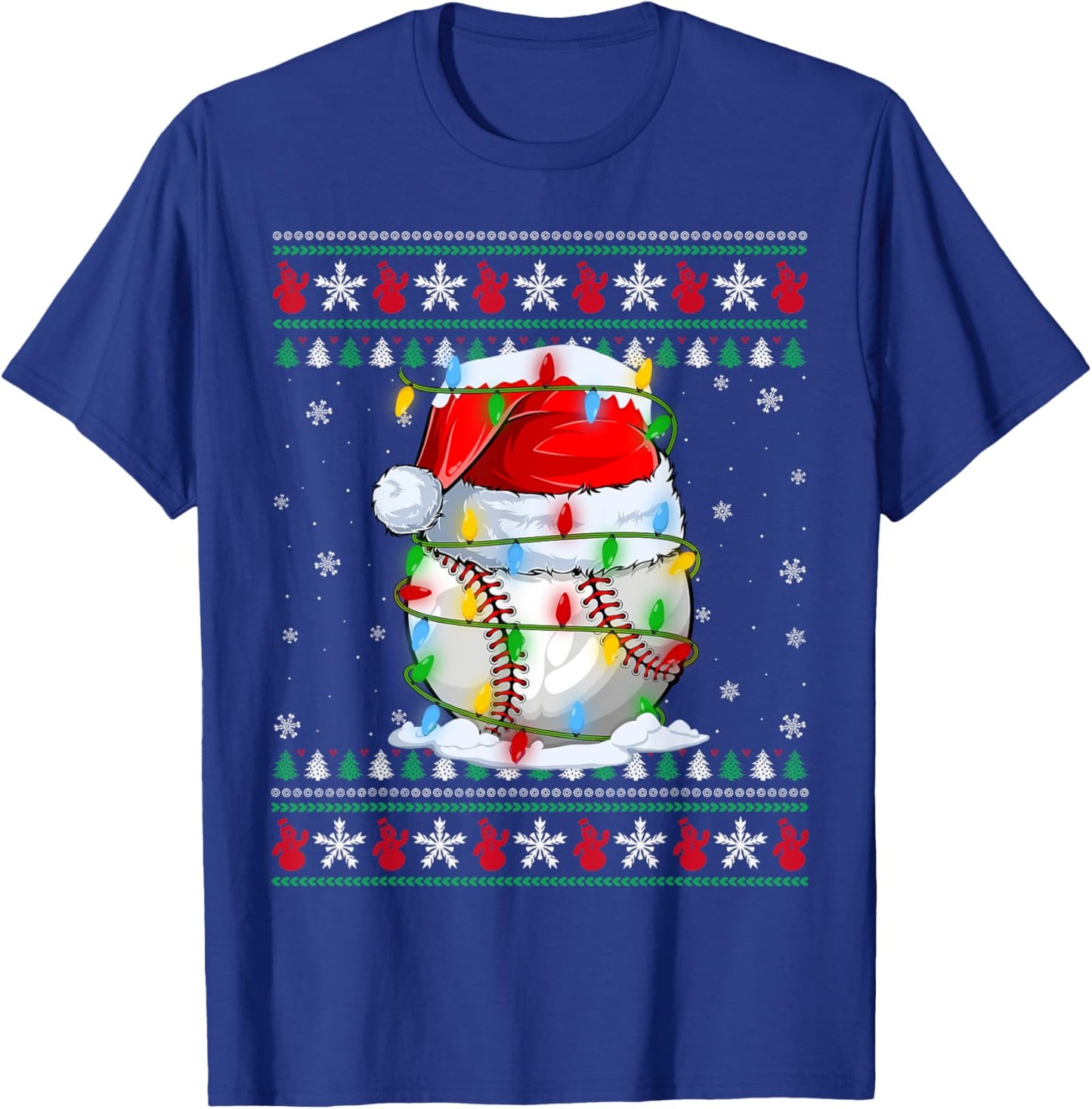 Baseball Ugly Sweater Style Xmas Lighting Baseball Christmas T-Shirt - T-Shirt | Royal