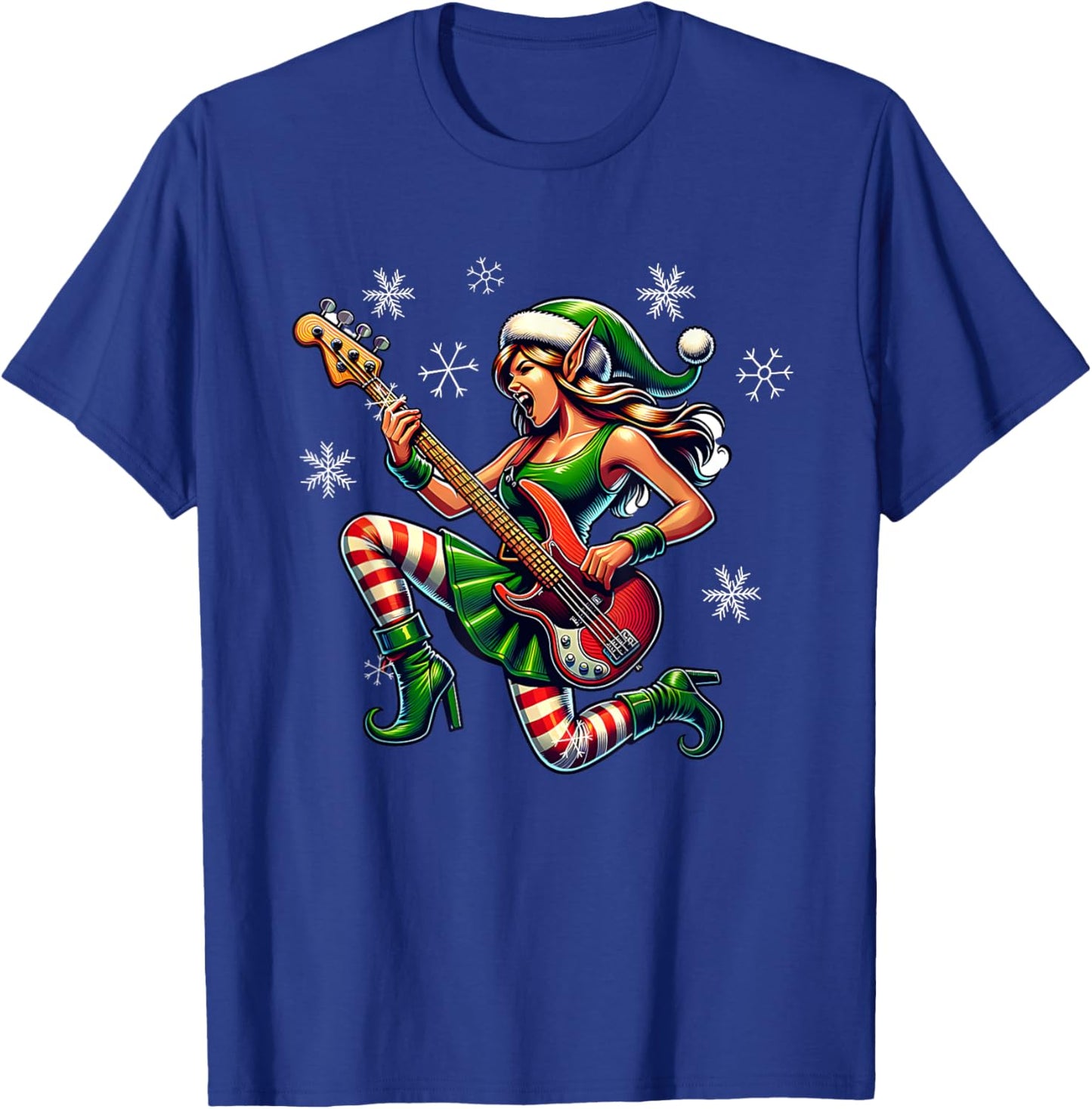 Rock & Roll Christmas Elf Bass-Guitar Bassist Christmas T-Shirt - T-Shirt | Royal