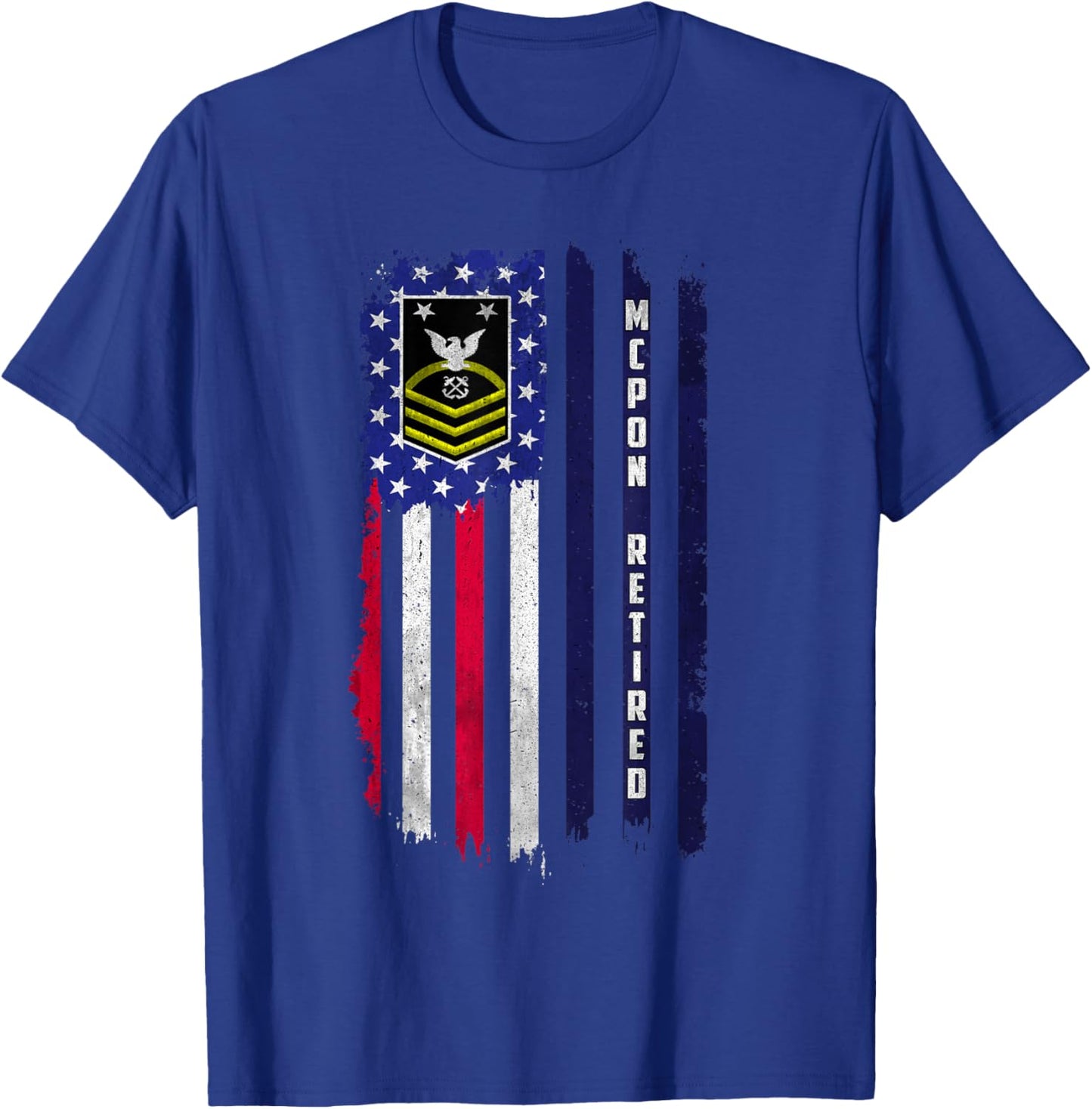 Retired E-9 Master Chief Petty Officer Rank American Flag T-Shirt - T-Shirt | Royal