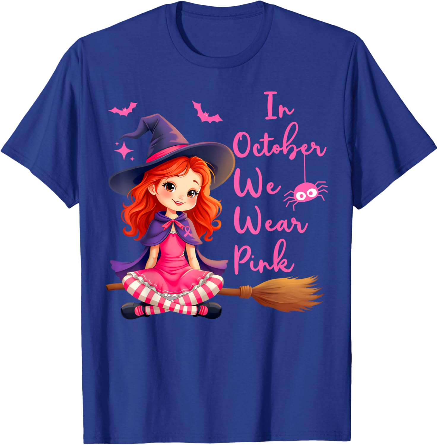 In October We Wear Pink Witch broom Breast Cancer Halloween T-Shirt - T-Shirt | Royal