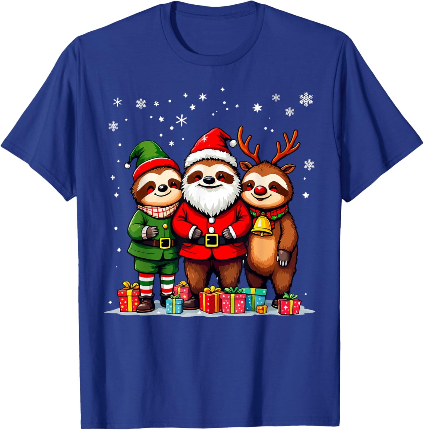 Cute Christmas Sloths in Santa Elf and Reindeer Costumes T-Shirt - T-Shirt | Royal