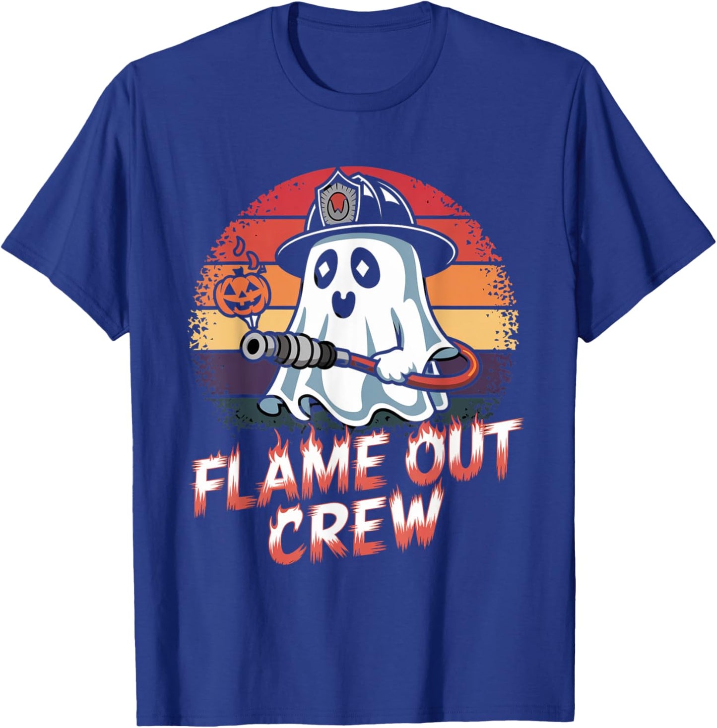 Flame Out Crew Ghost Firefighter Halloween Retro T-Shirt - T-Shirt | Royal