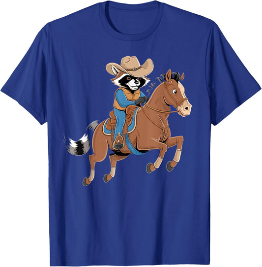 Vintage Cowboy Raccoon Wearing Cowboy Hat Riding Horse T-Shirt - T-Shirt | Royal