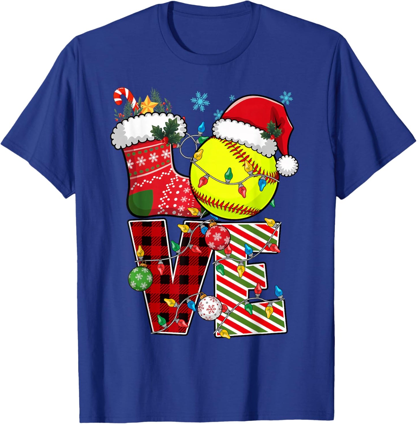 Love Softball Christmas Santa Hat Softball Plaid Color Xmas T-Shirt - T-Shirt | Royal