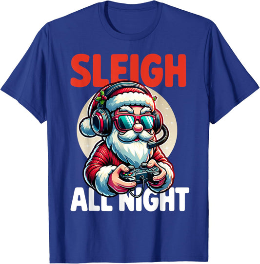 Christmas Gamer Boys Sleigh All Night Video Game Santa Xmas T-Shirt - T-Shirt | Royal