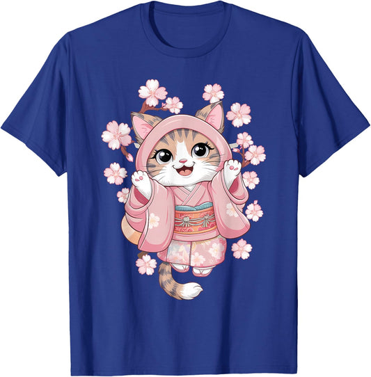 Cherry Blossom Japanese Anime Kawaii Cat Kimono Dress T-Shirt - T-Shirt | Royal