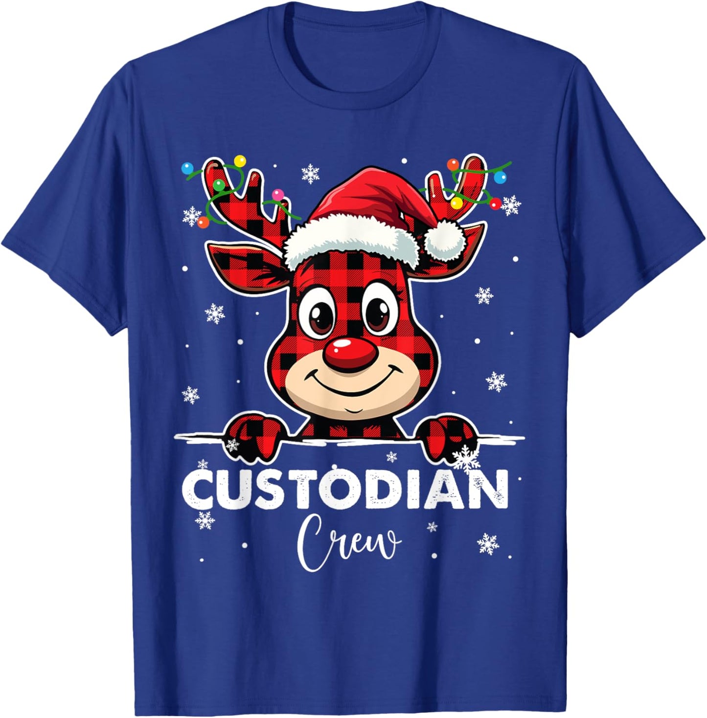 Funny Red Plaid Reindeer Custodian Crew Christmas Merry Xmas T-Shirt - T-Shirt | Royal