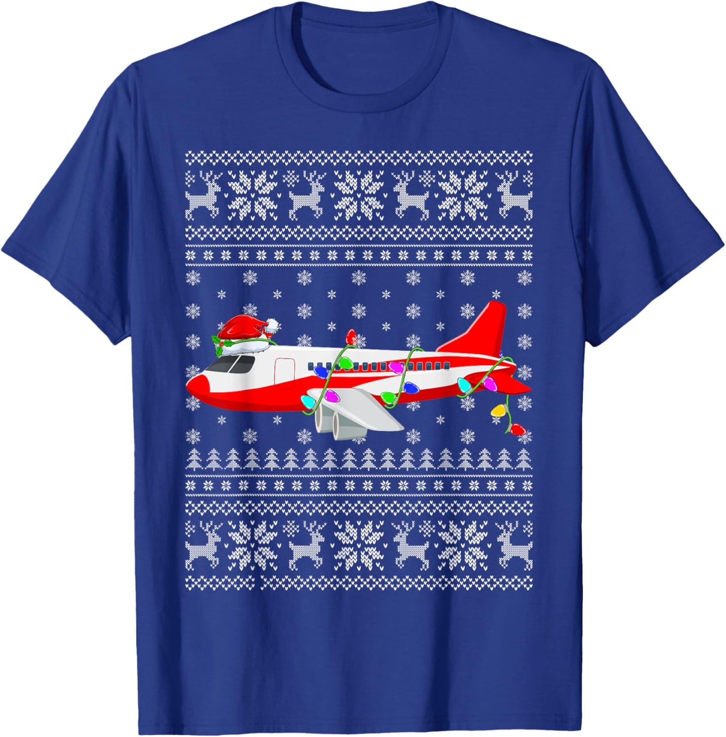 Ugly Sweater Xmas Lights Santa Hat Airplane Christmas T-Shirt - T-Shirt | Royal