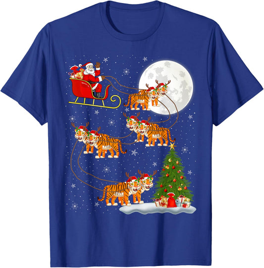 Xmas Tree Lights Funny Santa Riding Tiger Christmas T-Shirt - T-Shirt | Royal